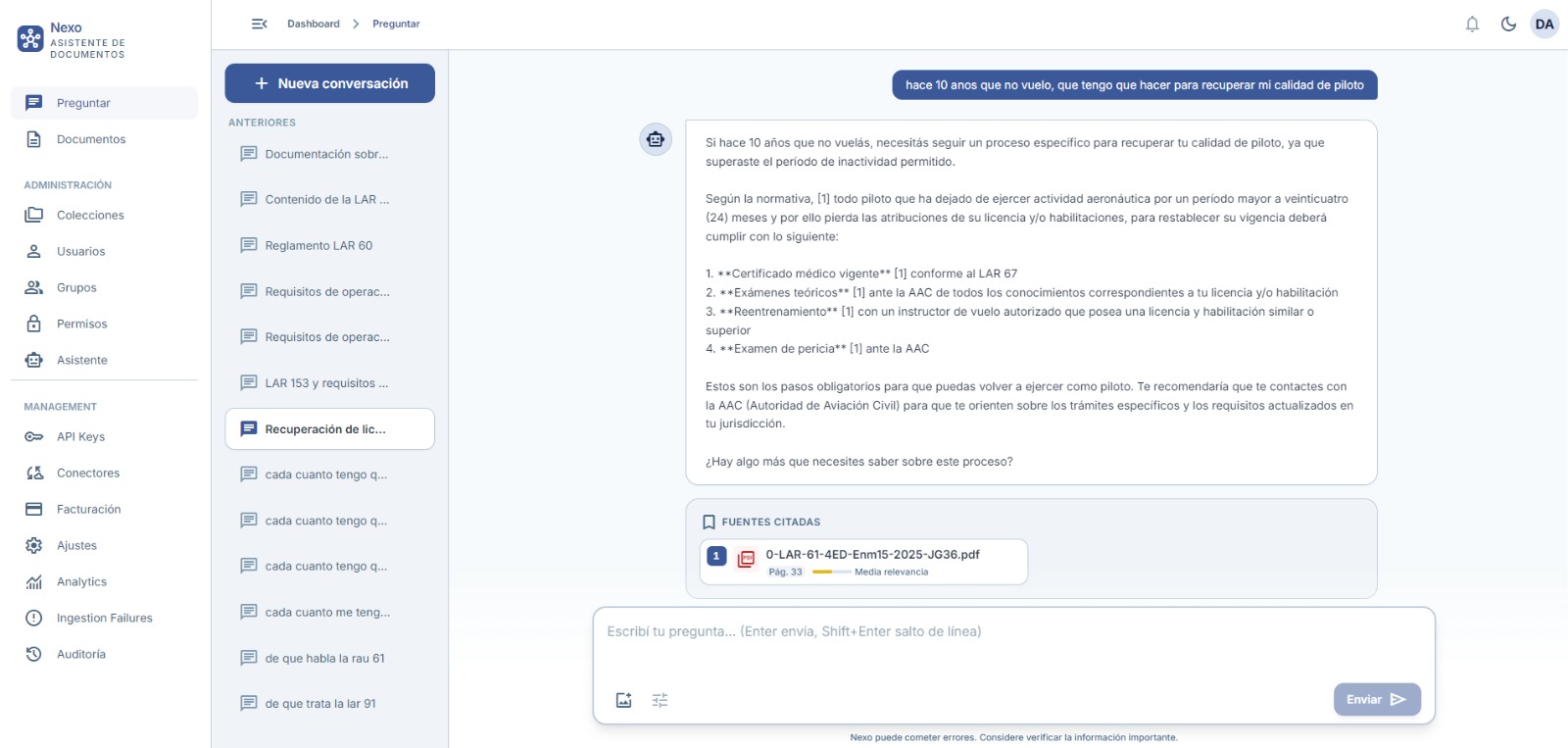 Respuesta de Nexo con fuente citada