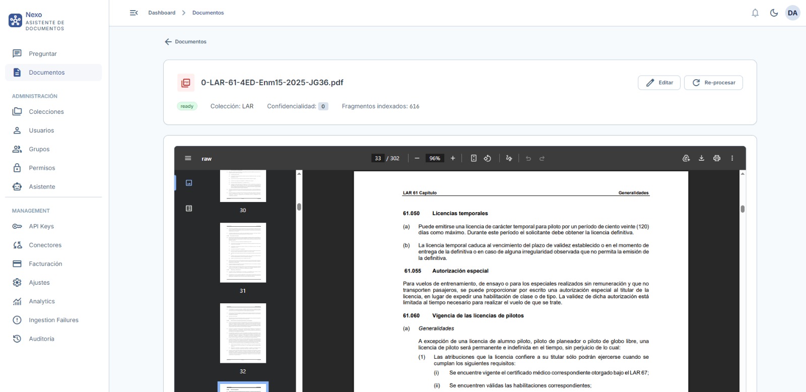 Vista de documentos en Nexo — biblioteca con PDF cargado y visor integrado